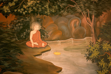 Art Thai, Buddha painting on wall in temple.