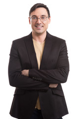 handsome man in black suit and glasses smiling