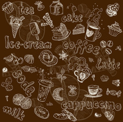 Dark seamless pattern with drinks and sweets