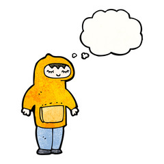cartoon boy in hooded sweatshirt with thought bubble