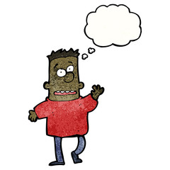 cartoon waving man with thought bubble