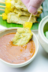 Grilled Pork Satay with Peanut Sauce and Vinegar, Thai food.
