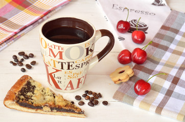 Ceramic mug of coffee on a white wooden table in Provence style