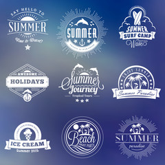 Summer Holidays Design Elements. Set of Hipster Vintage Logotypes and Badges on Colorful Background