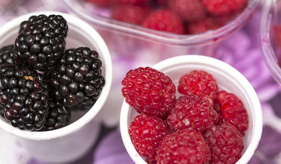 Mulberry and raspberries in white cups