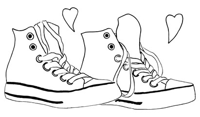 Black and white monochrome sneakers pair shoes hearts love vector isolated 