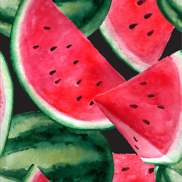 Vector seamless watercolor hand drawn watermelon pattern.