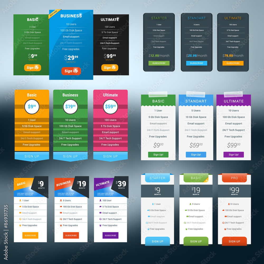 Wall mural set of vector pricing table in flat design style for websites and applications