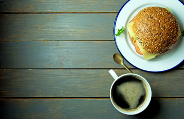 Deli sandwich with coffee and copy space