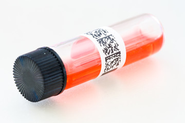 Closed test tube with barcode QR biological sample