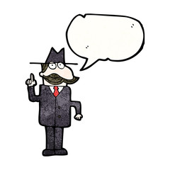 cartoon detective with speech bubble solving case