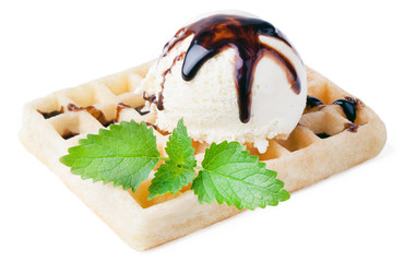 waffle with vanilla ice cream and chocolate sauce
