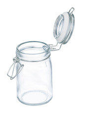 Old fashioned empty glass jar with open lid isolated on white background