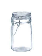 Empty glass jar isolated on white background