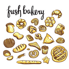 Set of bakery icons. Bread, cookies, cake, pie.