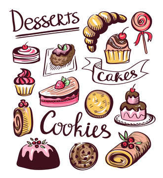 Baked sweet food icons. Cake, cookie, donut. Vector labels, logos for restaurant menu.
