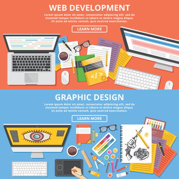 Web development, graphic design flat illustration concepts set