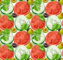 Seamless ornament delicious slices of cucumber, tomatoes, olives