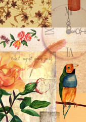 Collage with roses, finch, clock, stamps, other old papers, quill