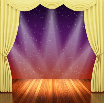 Stage with  yellow curtains and spotlight.