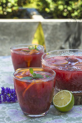 Refreshing red sangria with orange juice and fruit