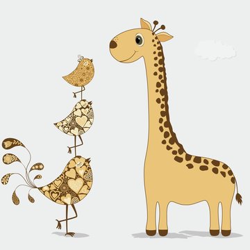 Cute cartoon giraffe and birds