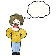 cartoon mustache man with thought bubble