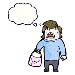 embarrassed man holding bag