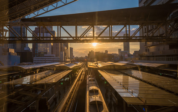 Sunset on Osaka railway station, Japan