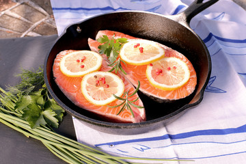 Raw  slices  salmon on frying pan