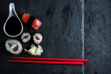 Japanese sushi with chopsticks from above