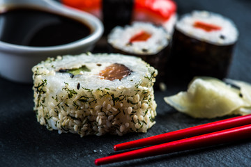 Japanese sushi with chopsticks
