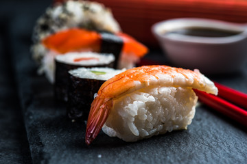 Japanese sushi with chopsticks