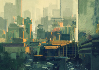 cityscape painting of urban sky-scrapers at sunset