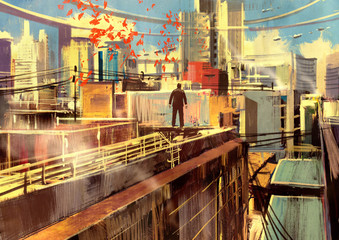 business man standing on the rooftop of a skyscraper over a big city,digital painting