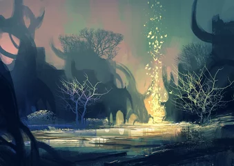 Foto op Plexiglas schilderij van fantasielandschap met mysterieuze bomen © grandfailure