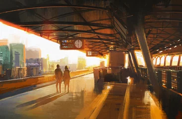 Keuken spatwand met foto painting showing couple waiting a train on the station © grandfailure