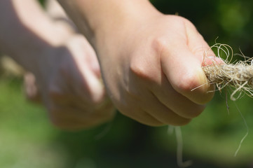 An einem Strang ziehen junge Hand vorne