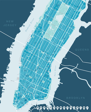 Fototapeta New York Map - Lower and Mid Manhattan.  Highly detailed vector map including all streets, parks, names of subdistricts, points of interests, labels, neighborhoods. 