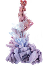 Colors drop underwater. Liquid colors in central composition. Isolated on white background. Violet...
