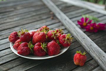 Strawberry in a plate on wooden background