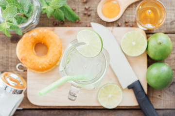 lemonade in glass on wood table