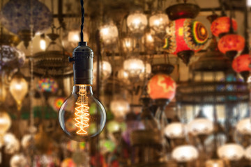 Fototapeta na wymiar Vintage incandescent bulb on light equipment market in Istanbul