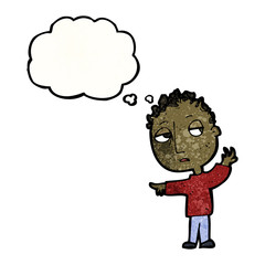 cartoon boy with thought bubble gesturing