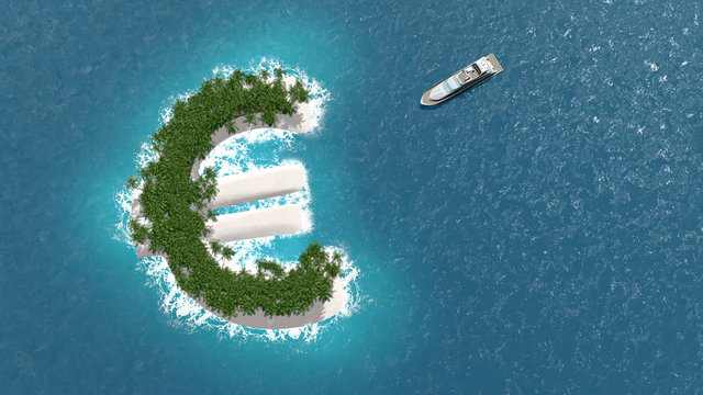 Paradis fiscal, financier ou évasion des fortunes sur un île en forme d'euro.