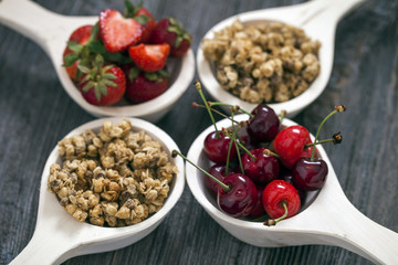 Tasty breakfast. Strawberries, cherries and cereal