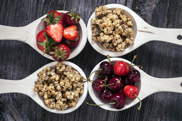 Tasty breakfast. Strawberries, cherries and cereal