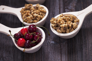 Tasty breakfast. Strawberries, cherries and cereal