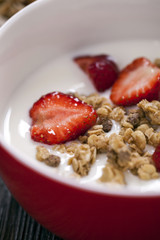 Excellent breakfast. Breakfast cereal with yoghurt and strawberr