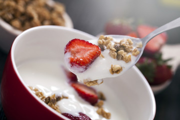 Excellent breakfast. Breakfast cereal with yoghurt and strawberr
